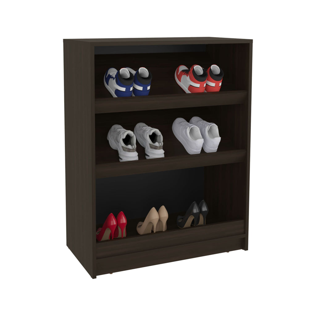 Three-Tier Freestanding Shoe Rack With Open Shelves in Stained Walnut