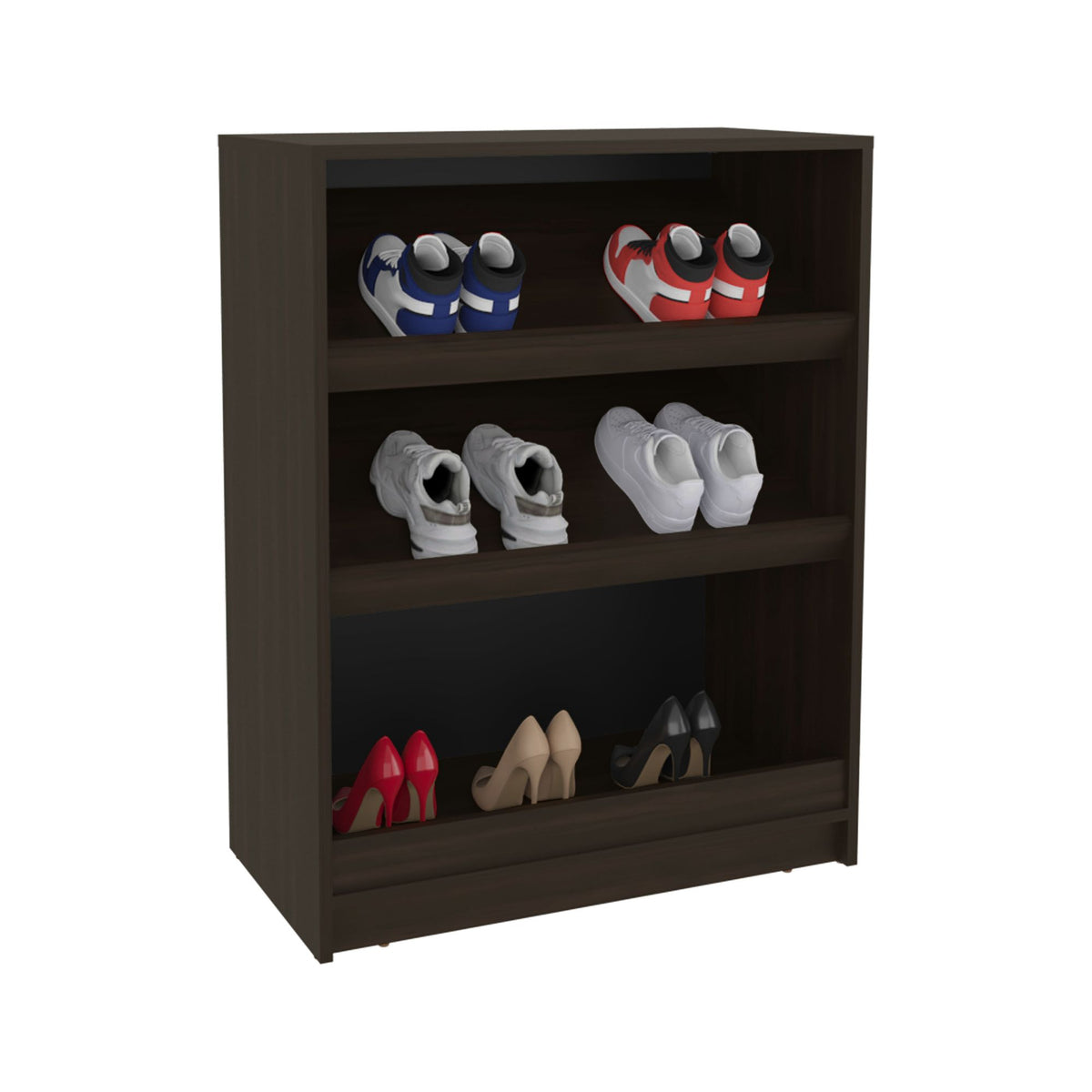 Three-Tier Freestanding Shoe Rack With Open Shelves in Stained Walnut