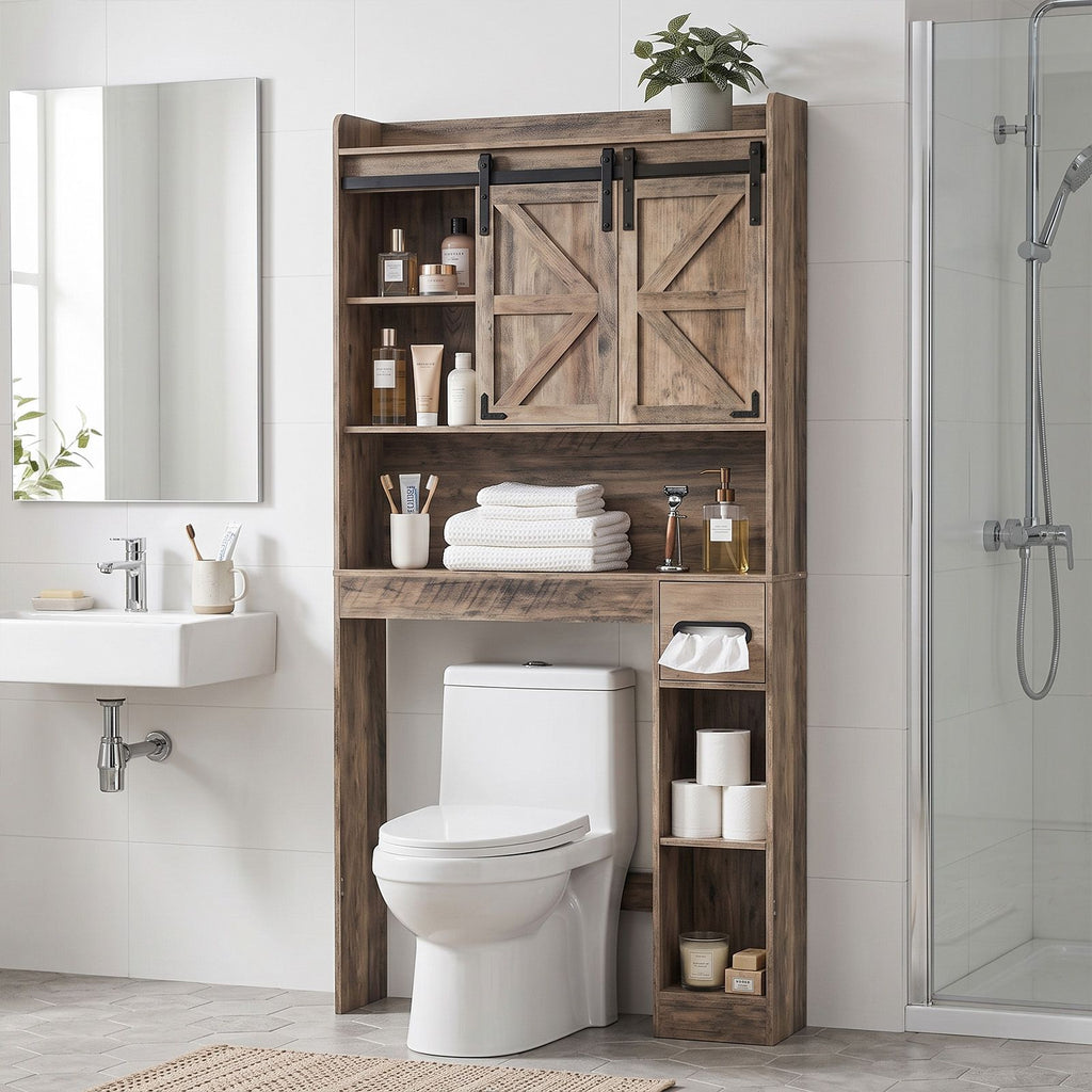 Rustic Barn-Door Over-Toilet Storage Cabinet