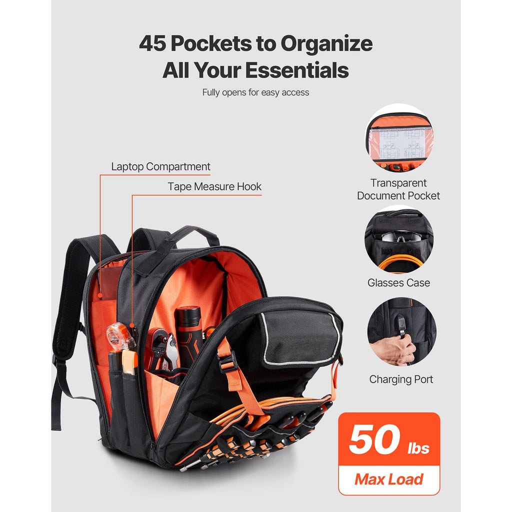 Tool Backpack, 45 Pockets, practical Tools Storage Organizer Work Bags with Laptop Compartment & Re