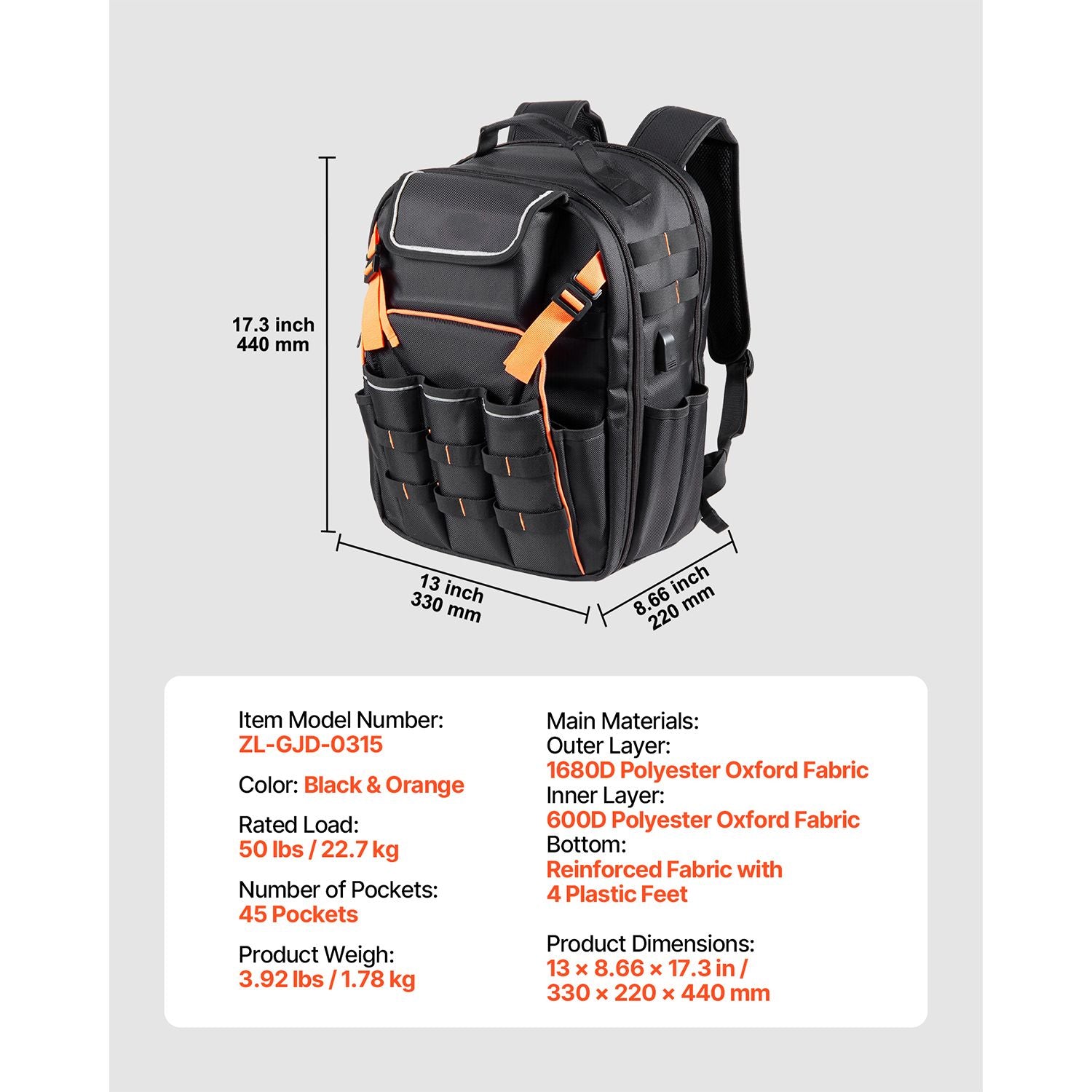 Tool Backpack, 45 Pockets, practical Tools Storage Organizer Work Bags with Laptop Compartment & Re