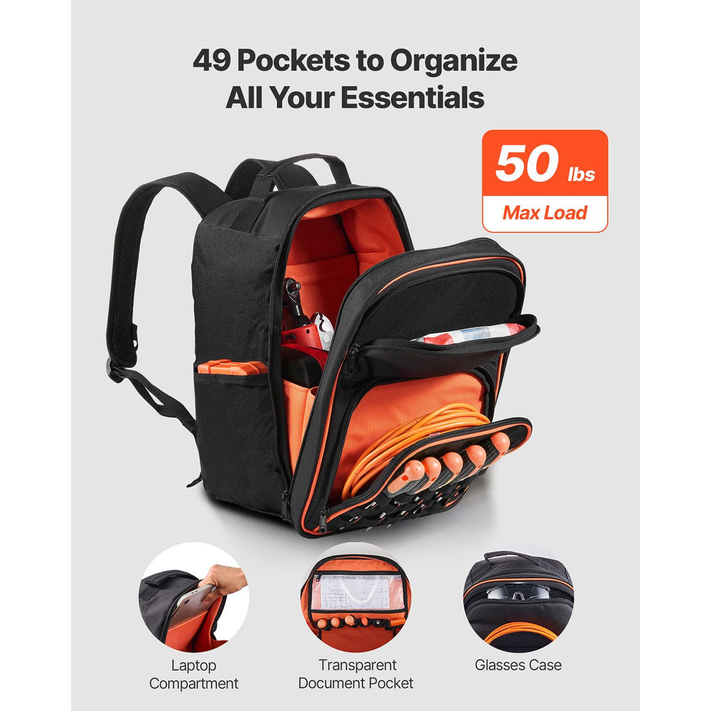 Tool Backpack, 49 Pockets, practical Tools Storage Organizer Work Bags with Laptop Compartment & Re