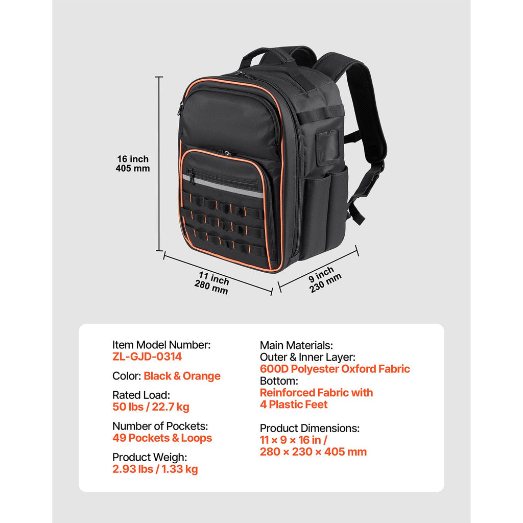 Tool Backpack, 49 Pockets, practical Tools Storage Organizer Work Bags with Laptop Compartment & Re