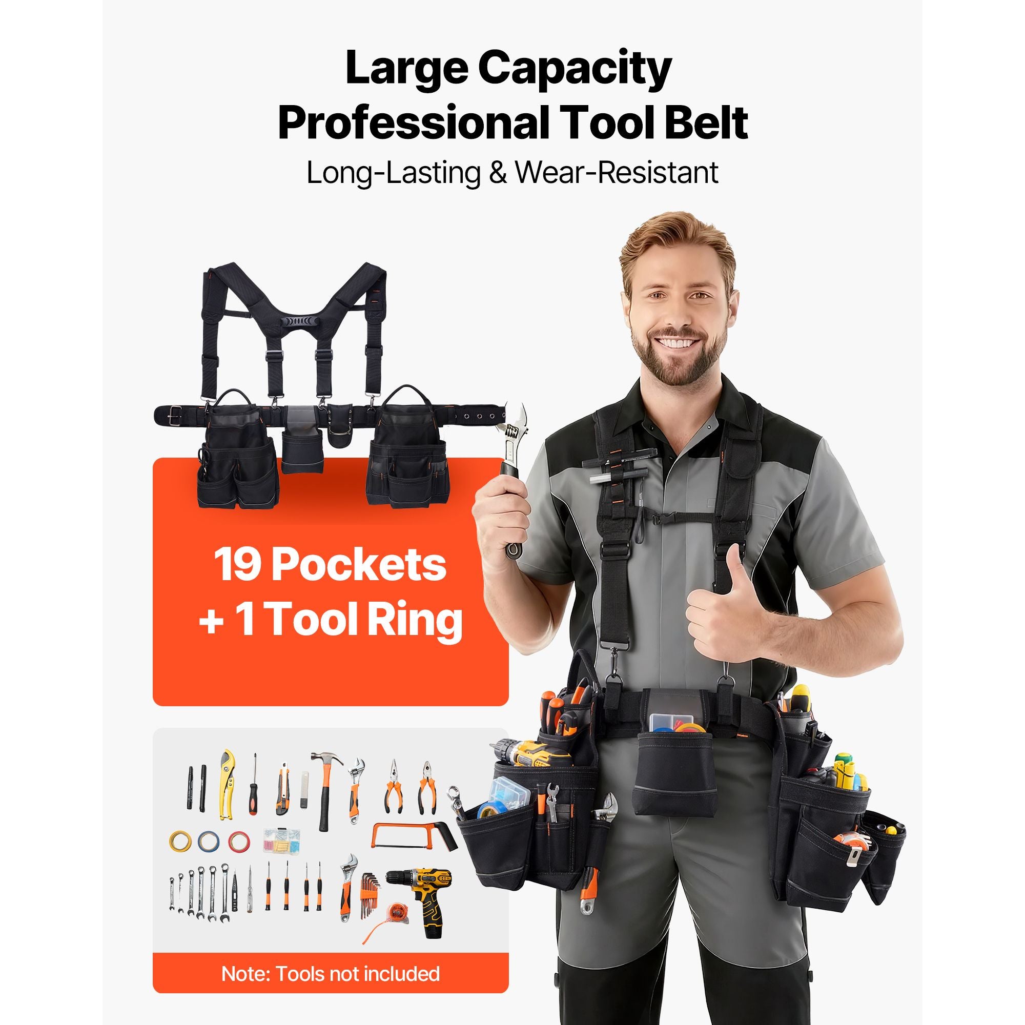 19-Pocket Adjustable Tool Belt with Padded Support for Construction & DIY