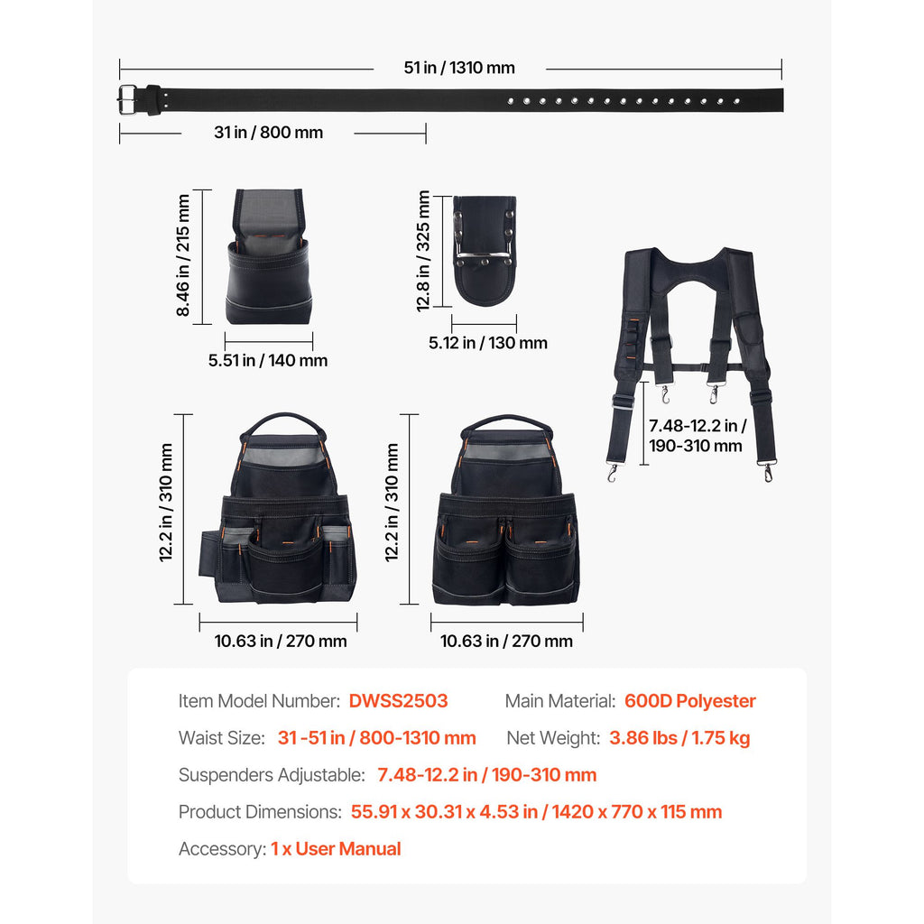 19-Pocket Adjustable Tool Belt with Padded Support for Construction & DIY