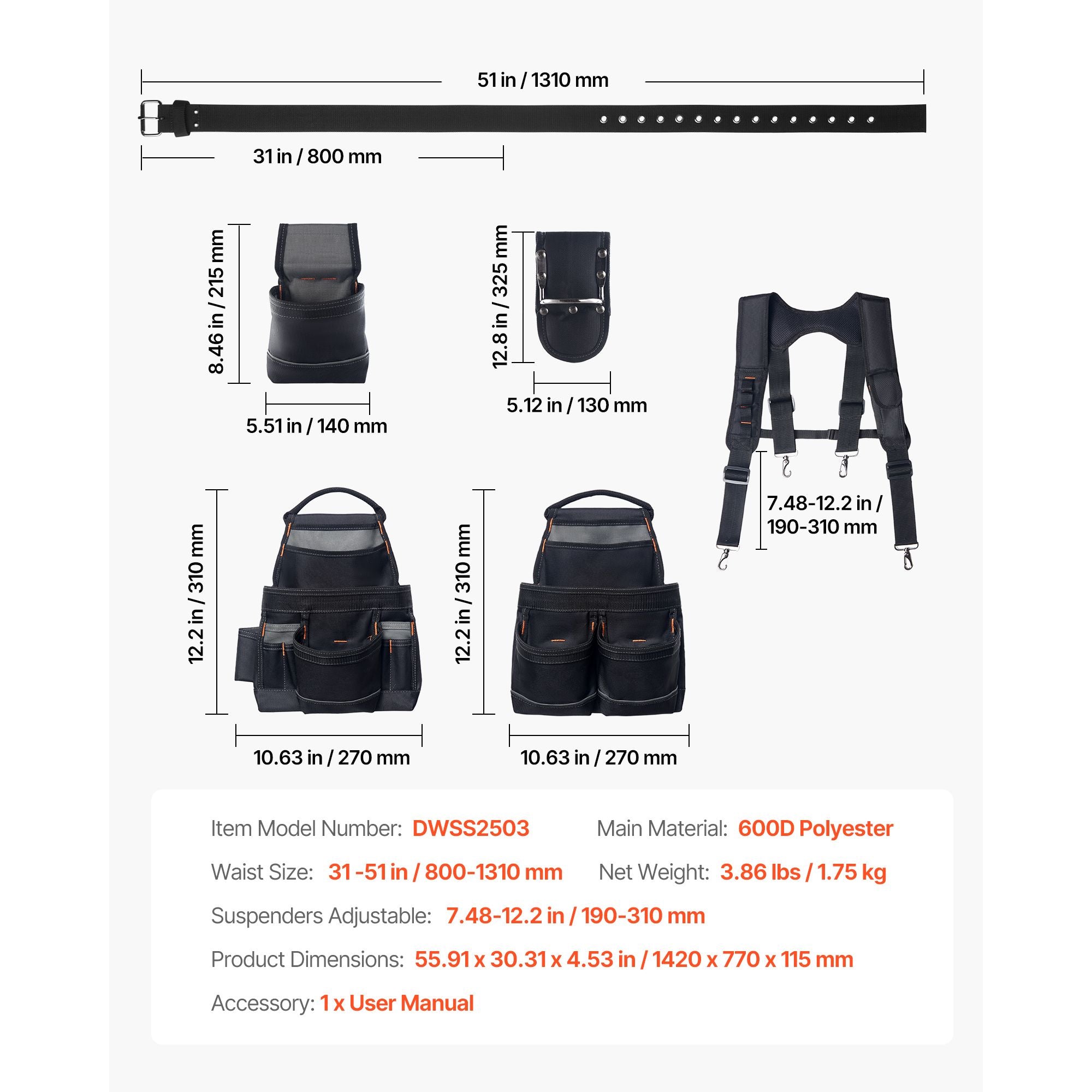 19-Pocket Adjustable Tool Belt with Padded Support for Construction & DIY