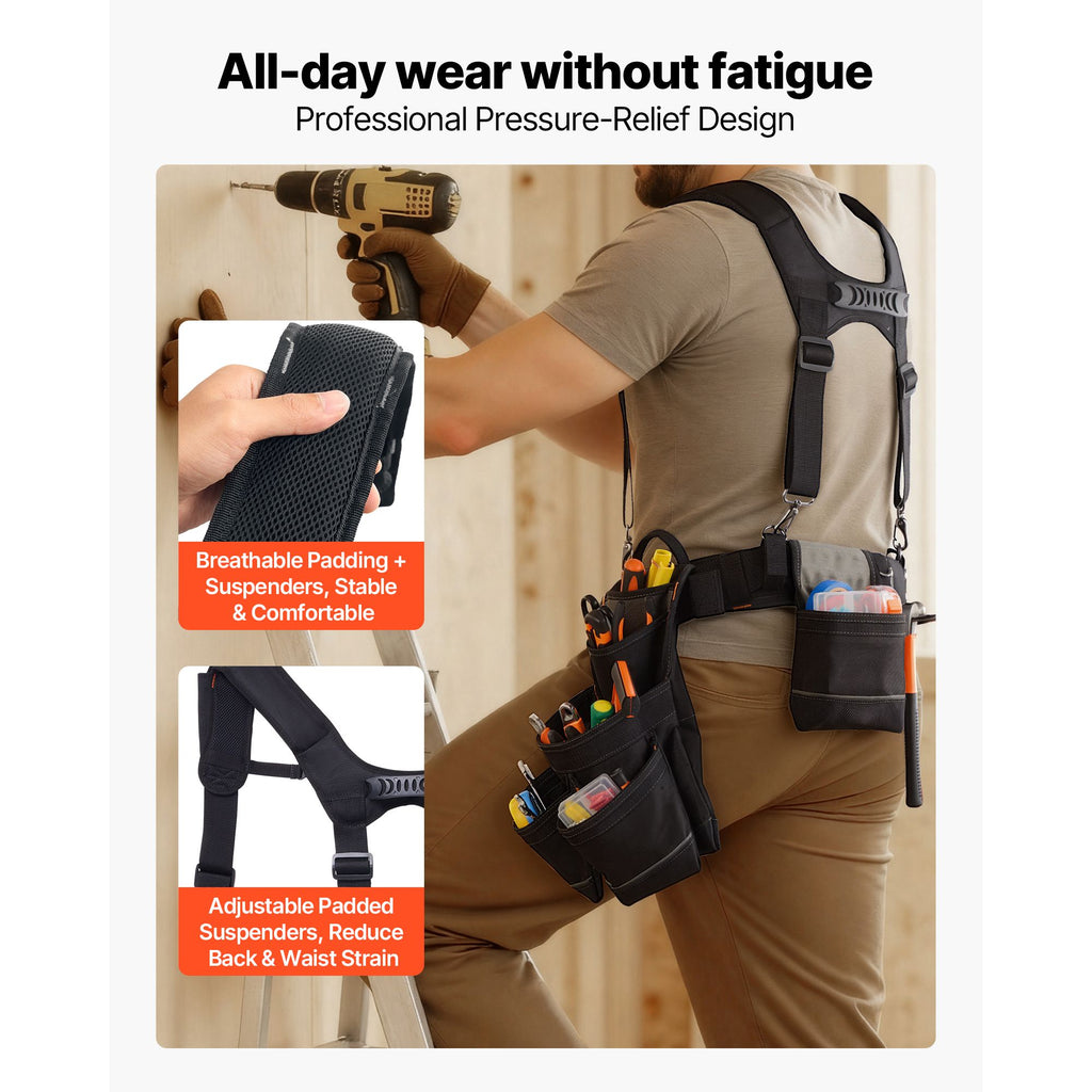 19-Pocket Adjustable Tool Belt with Padded Support for Construction & DIY