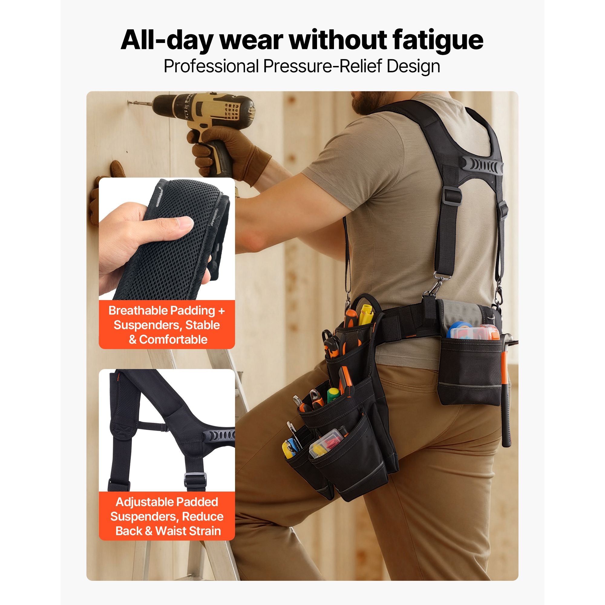 19-Pocket Adjustable Tool Belt with Padded Support for Construction & DIY