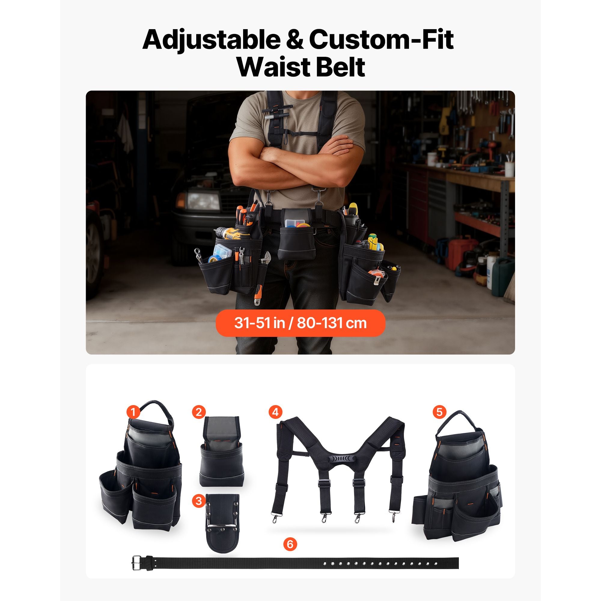 19-Pocket Adjustable Tool Belt with Padded Support for Construction & DIY