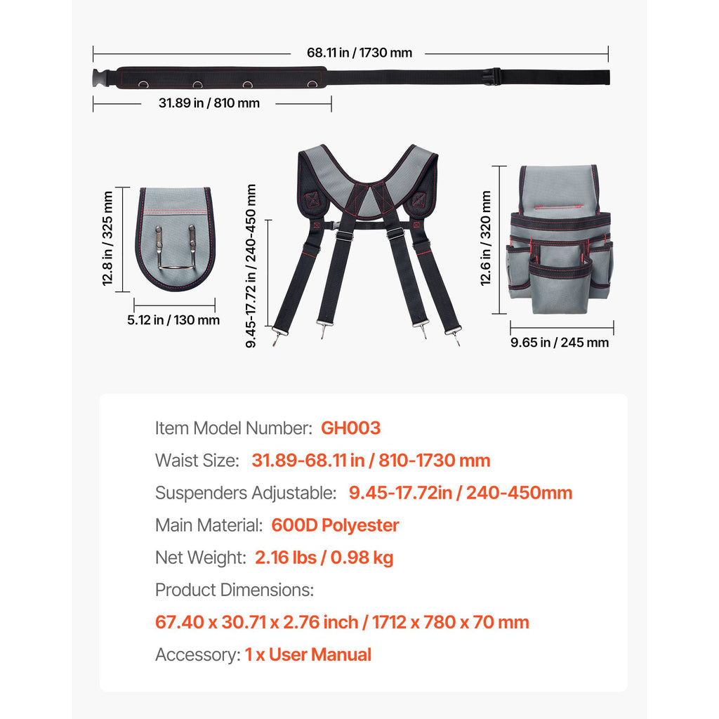 22-Pocket Tool Belt with Suspenders for Carpenters and Electricians