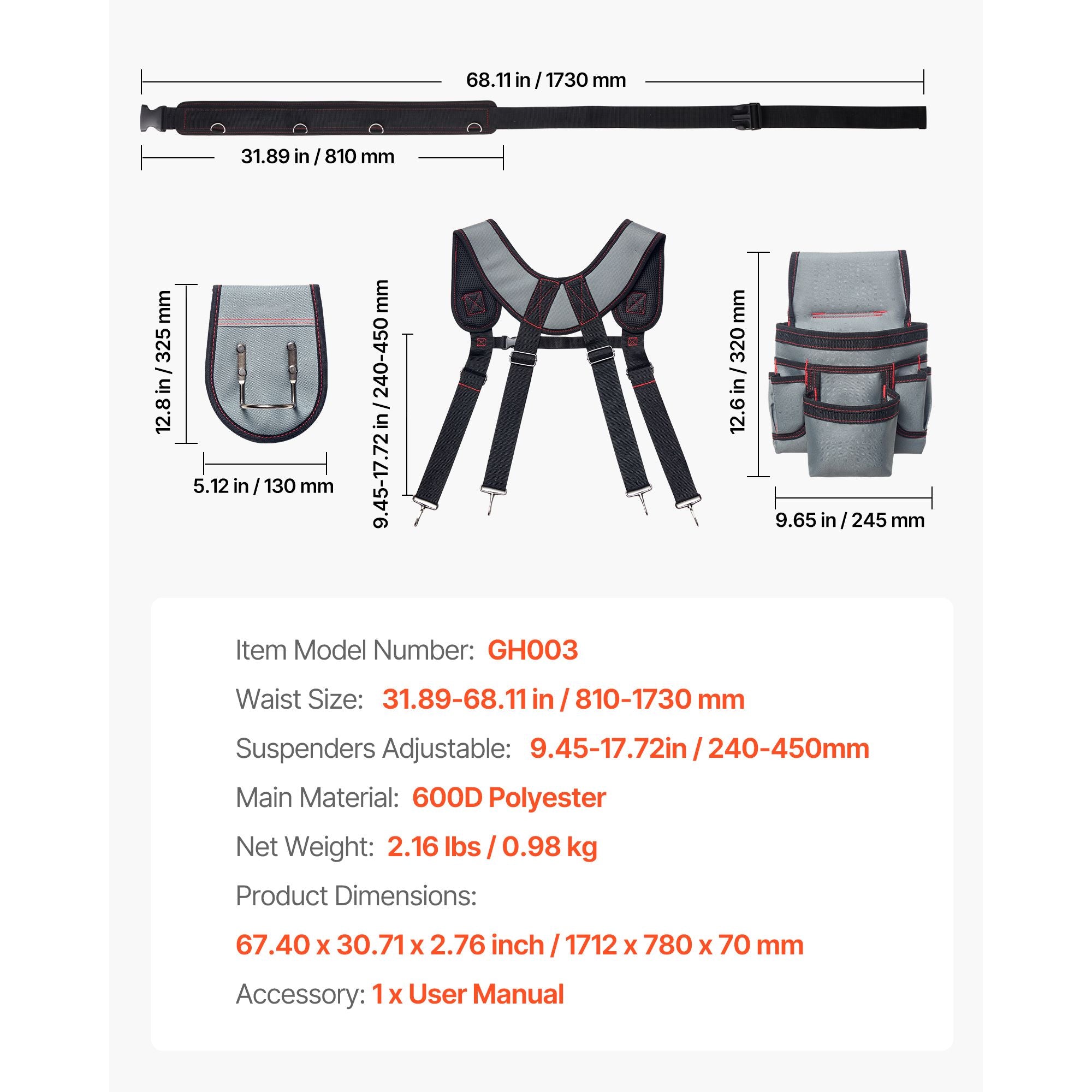 22-Pocket Tool Belt with Suspenders for Carpenters and Electricians