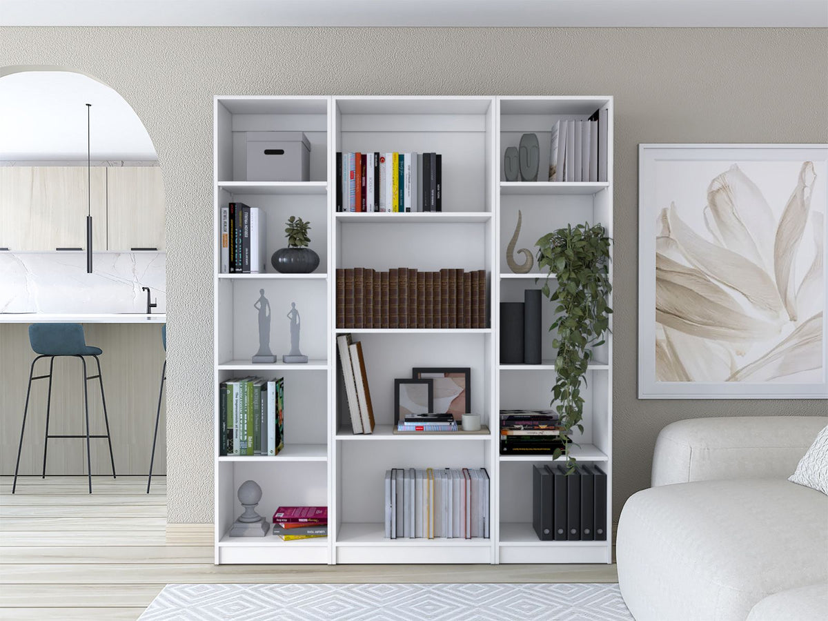 Torrey 3-Piece Living Room Set with 3 White Bookcases