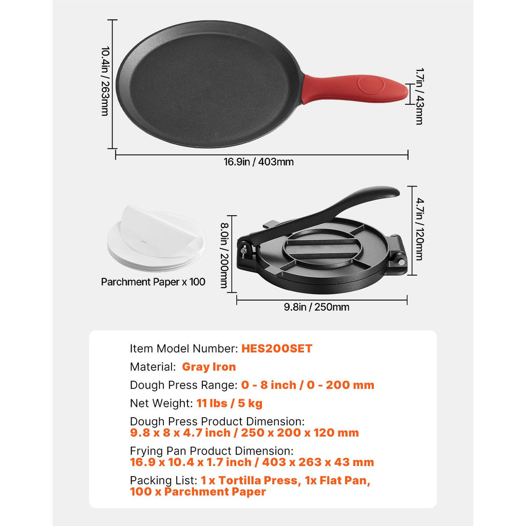 Tortilla Press with Flat Frying Pan and Parchment Paper