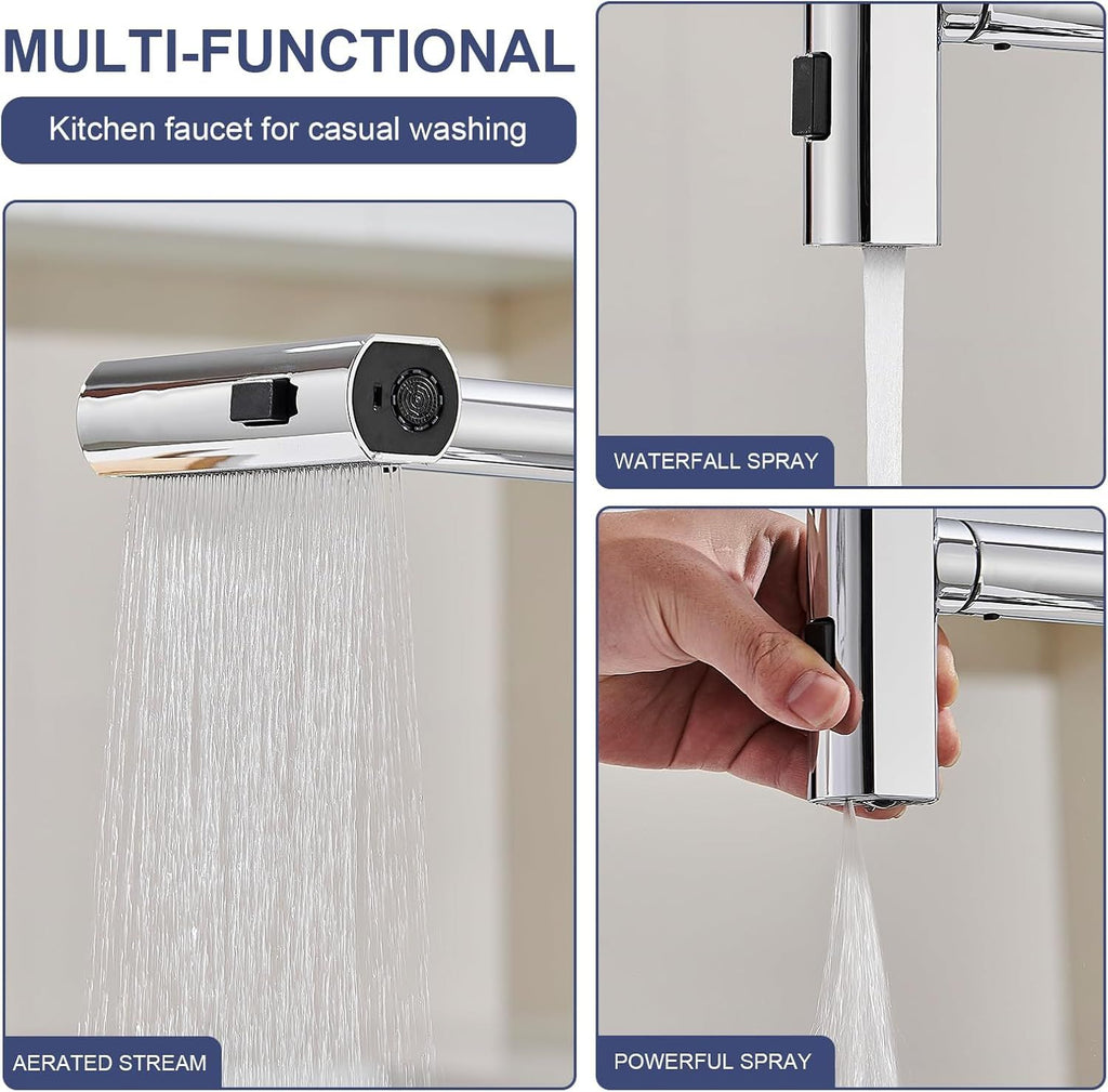 Touchless Waterfall Kitchen Faucet with Pull Down Sprayer & Soap Dispenser in Chrome