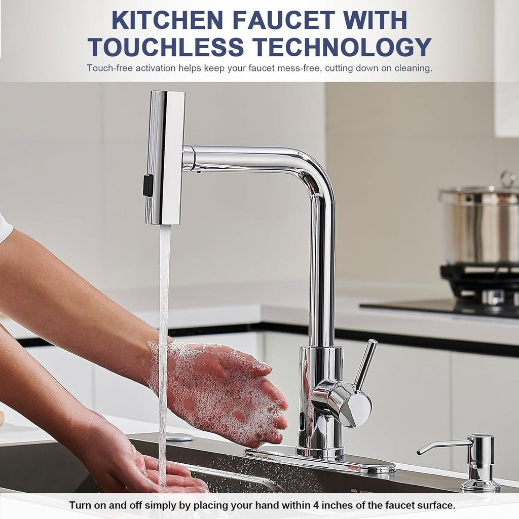 Touchless Waterfall Kitchen Faucet with Pull Down Sprayer & Soap Dispenser in Chrome