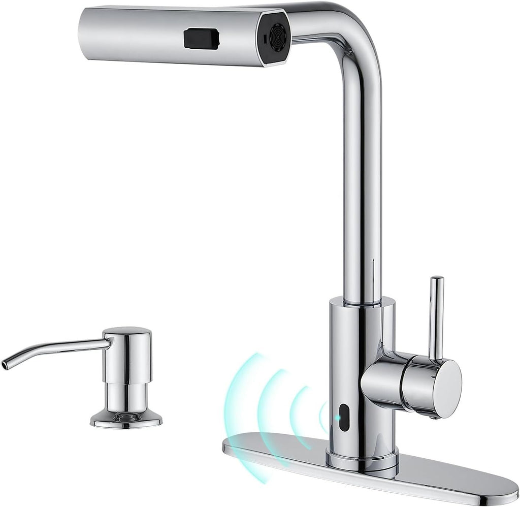 Touchless Waterfall Kitchen Faucet with Pull Down Sprayer & Soap Dispenser in Chrome