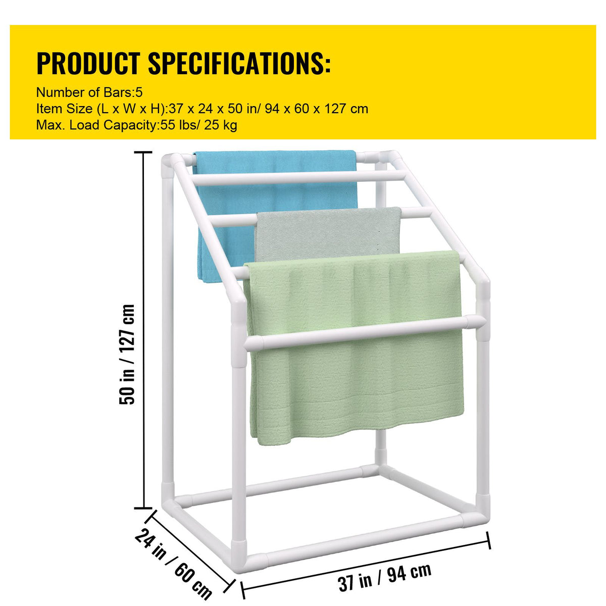 Freestanding Pool Towel Rack with Clips, Hook, and Mesh Bag