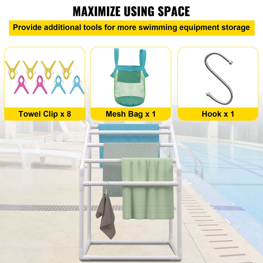 Freestanding Pool Towel Rack with Clips, Hook, and Mesh Bag