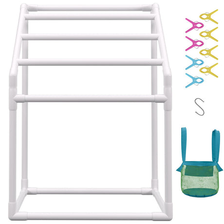Freestanding Pool Towel Rack with Clips, Hook, and Mesh Bag