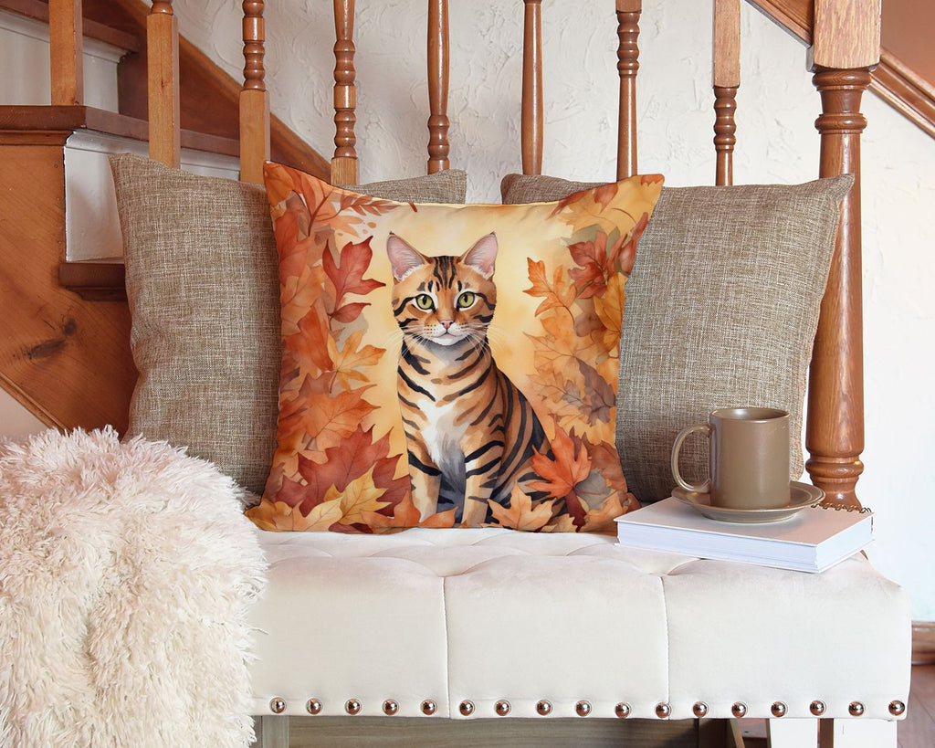 Toyger Cat in Fall Leaves Indoor-Outdoor Accent Pillow