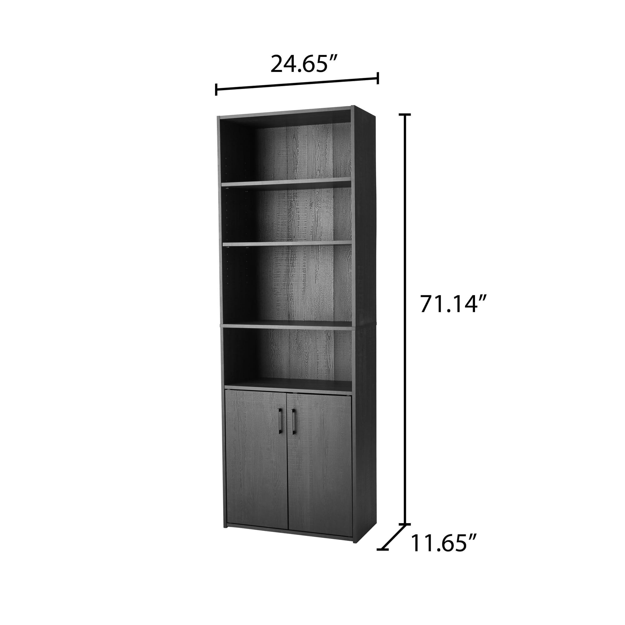 Traditional 5 Shelf Bookcase with Doors, Black Finish