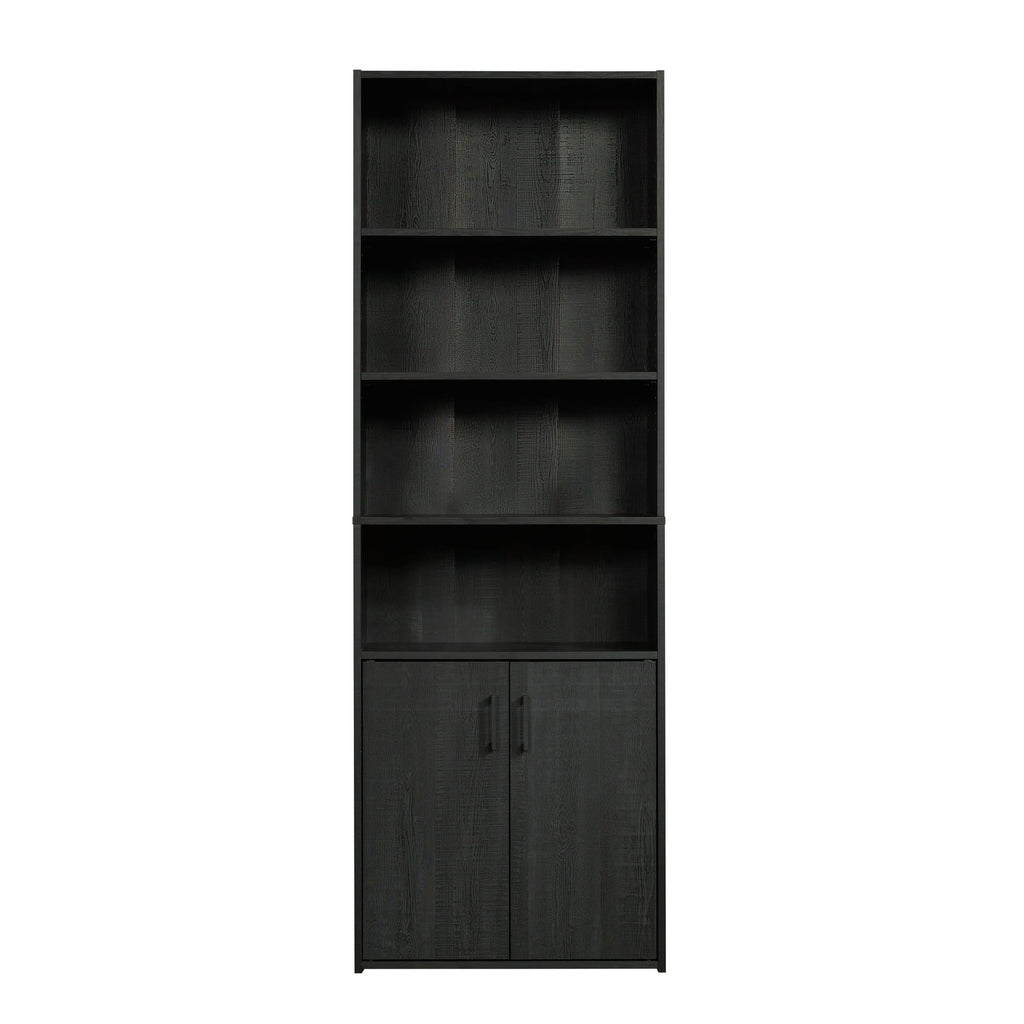 Traditional 5 Shelf Bookcase with Doors, Black Finish