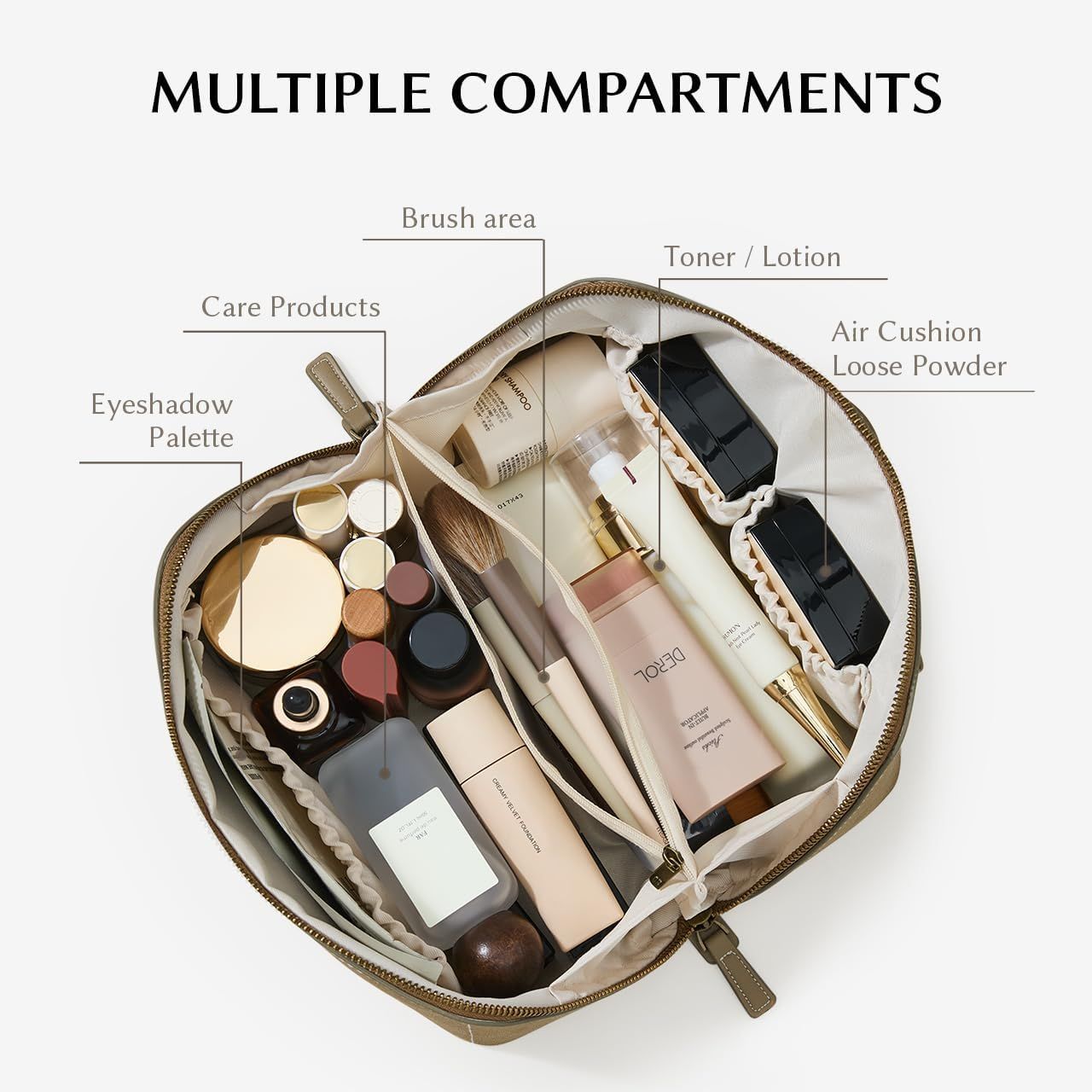 Travel Makeup Bag with Divider and Handle – Opens Flat