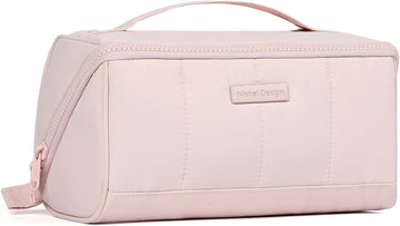 Fluffy Lightweight Travel Makeup Bag - Open Flat Cosmetic Organizer with Dividers & Handle, Pink
