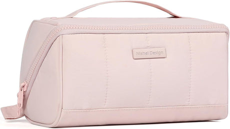 Fluffy Lightweight Travel Makeup Bag - Open Flat Cosmetic Organizer with Dividers & Handle, Pink