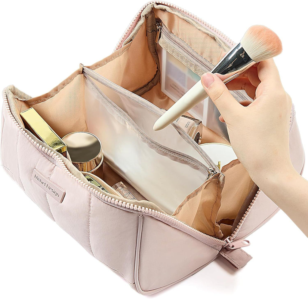 Fluffy Lightweight Travel Makeup Bag - Open Flat Cosmetic Organizer with Dividers & Handle, Pink