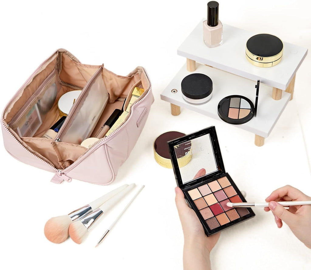 Fluffy Lightweight Travel Makeup Bag - Open Flat Cosmetic Organizer with Dividers & Handle, Pink