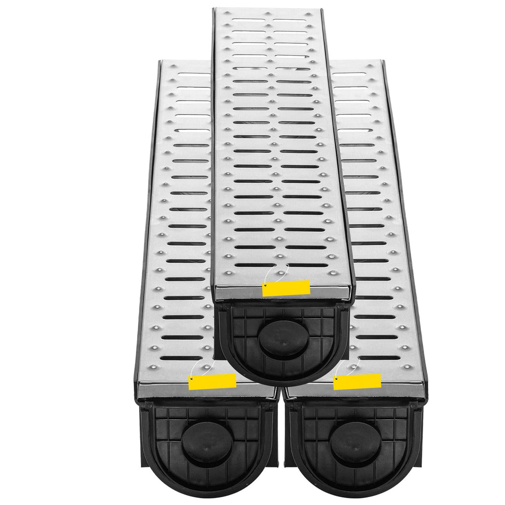 Commercial Grade Trench Drain System with Metal Grate - 3 Pack