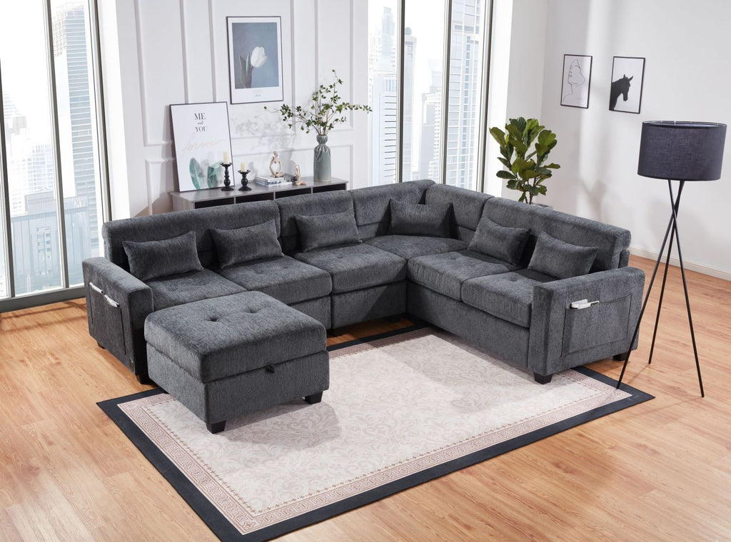 Trey Gray Sectional with Charging and Storage Ottoman