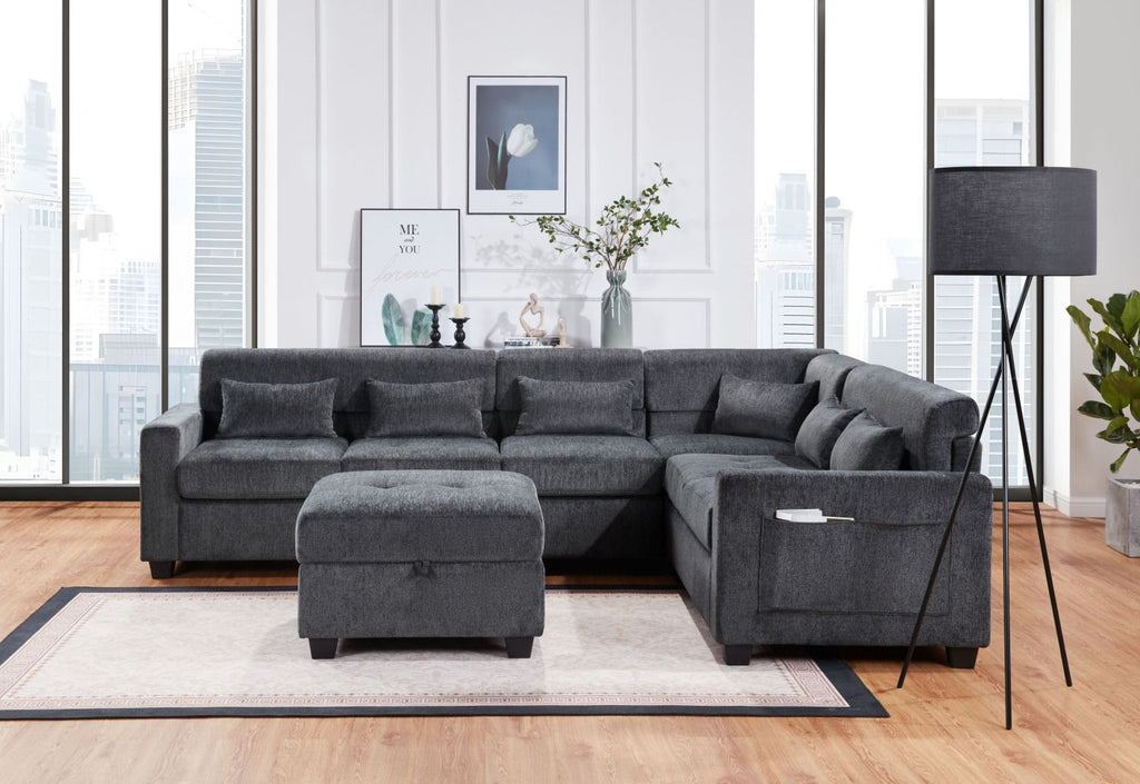 Trey Gray Sectional with Charging and Storage Ottoman