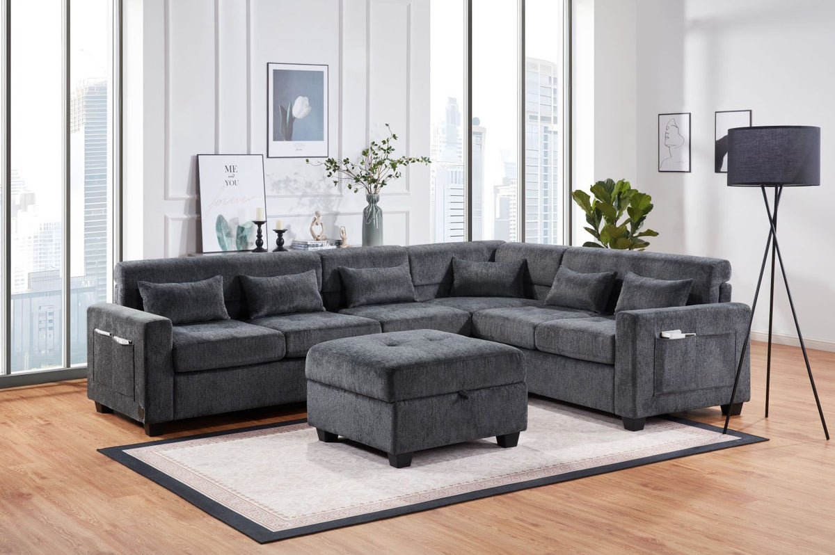 Trey Gray Sectional with Charging and Storage Ottoman