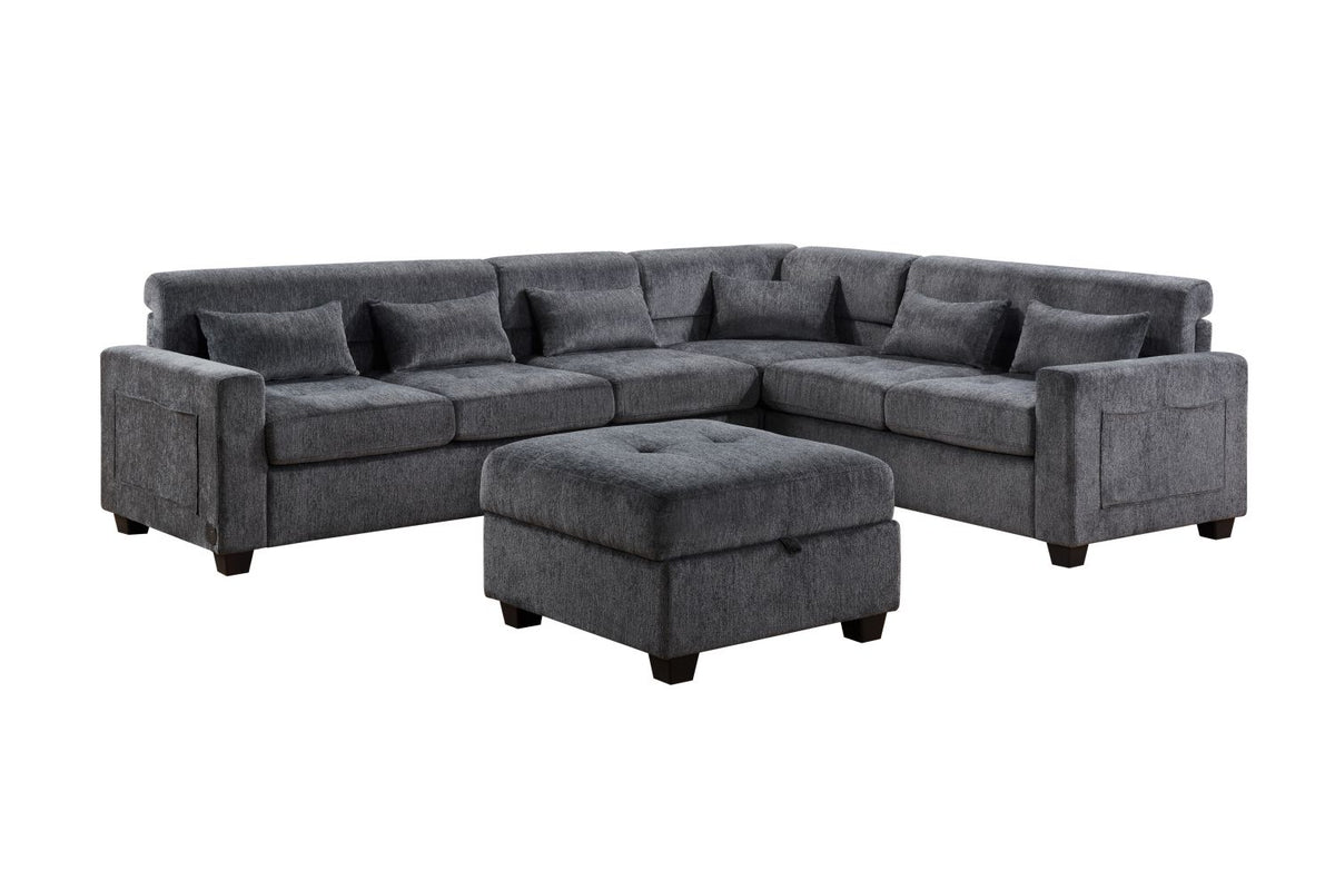 Trey Gray Sectional with Charging and Storage Ottoman