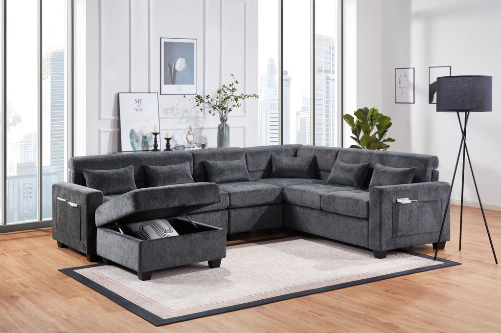 Trey Gray Sectional with Charging and Storage Ottoman
