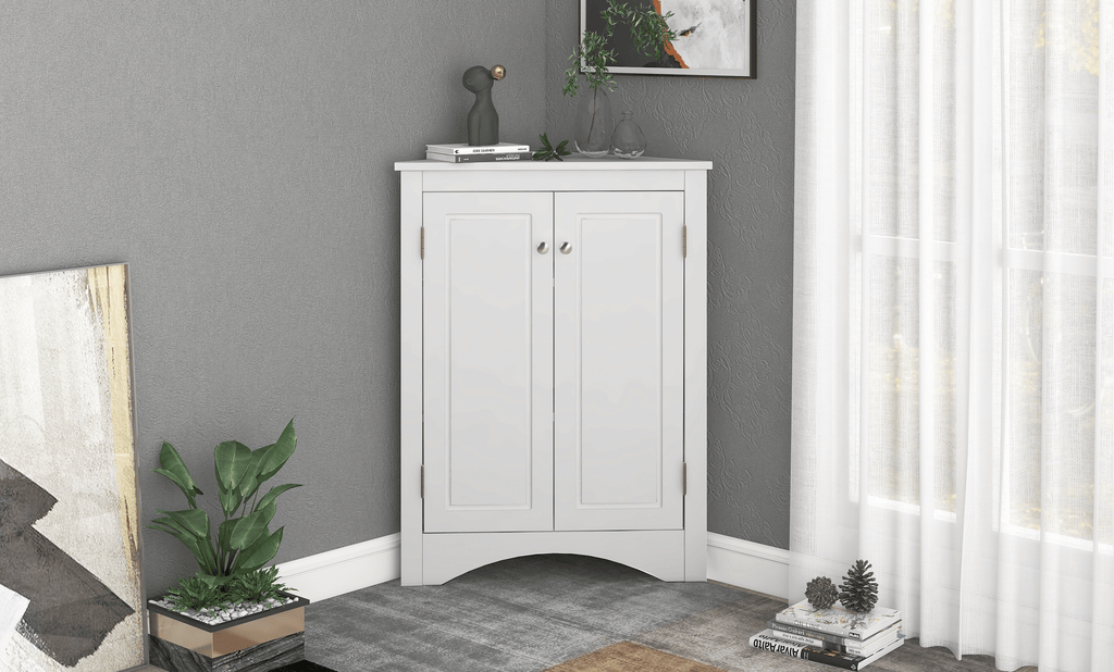 Triangle Corner Bathroom Cabinet with Adjustable Shelves and Brushed Nickel Knobs