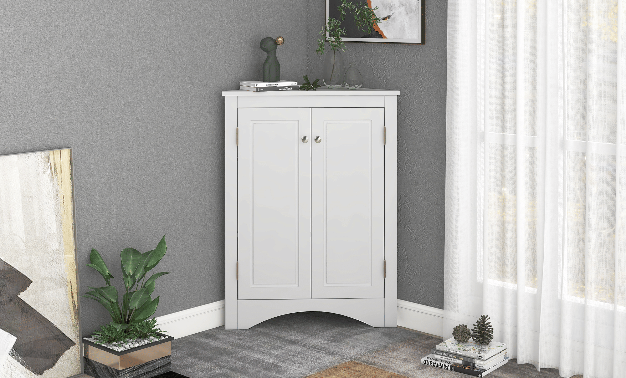Triangle Corner Bathroom Cabinet with Adjustable Shelves and Brushed Nickel Knobs