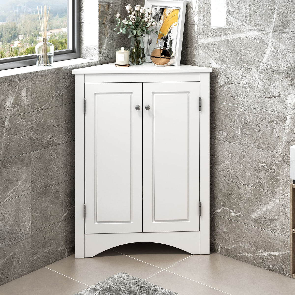 Triangle Bathroom Storage Cabinet with Adjustable Shelves – Freestanding Corner Cabinet - White