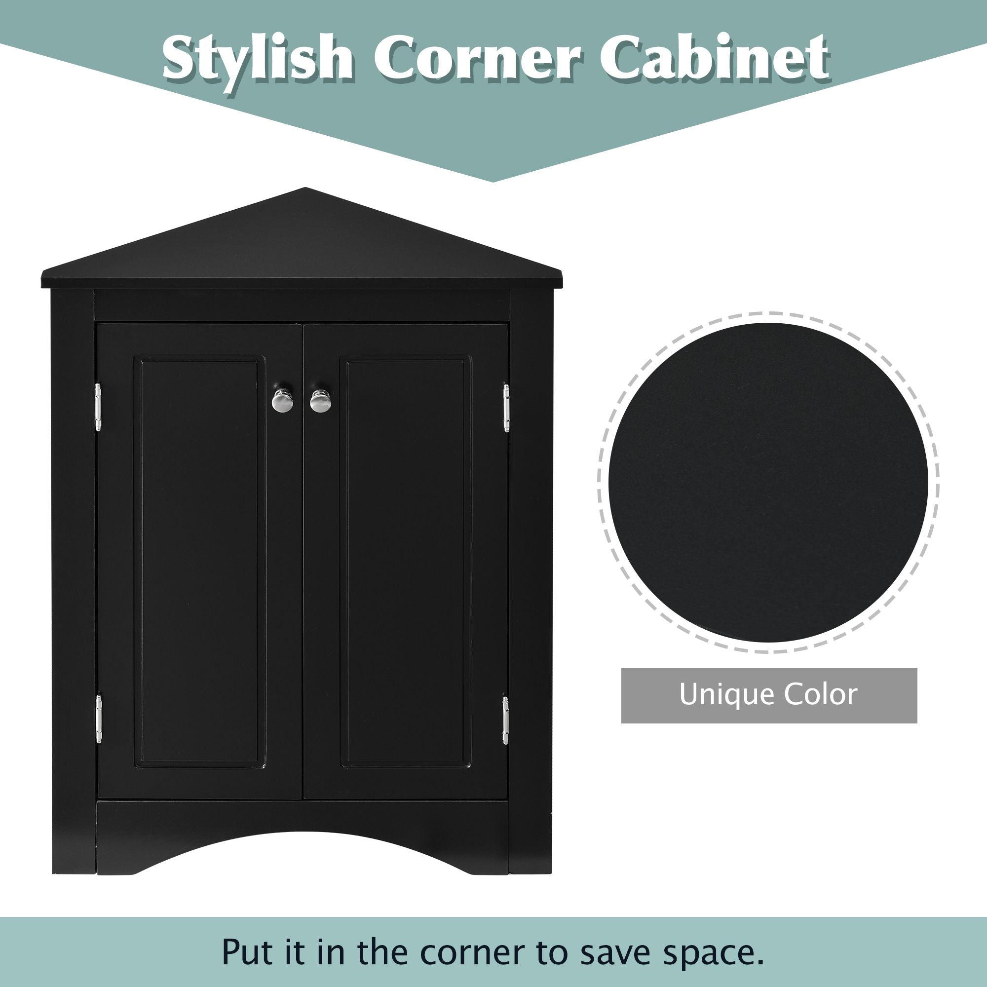 Triangle Corner Bathroom Cabinet with Adjustable Shelves and Brushed Nickel Knobs
