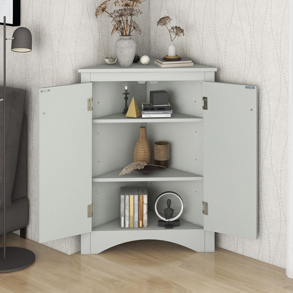 Triangle Corner Bathroom Cabinet with Adjustable Shelves and Brushed Nickel Knobs