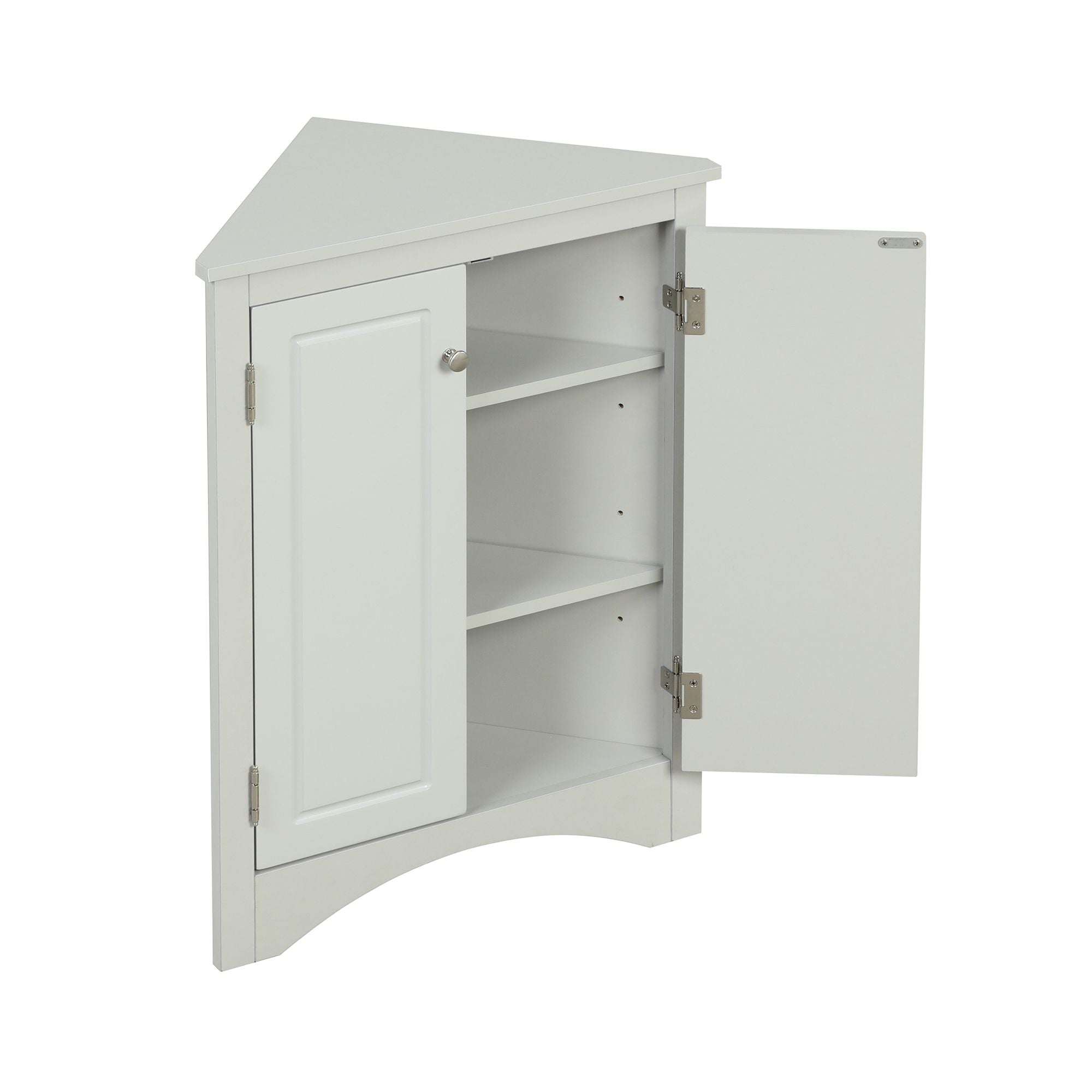 Triangle Corner Bathroom Cabinet with Adjustable Shelves and Brushed Nickel Knobs