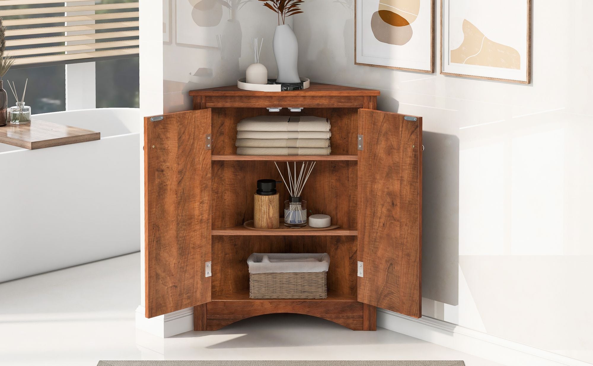 Triangle Corner Bathroom Cabinet with Adjustable Shelves and Brushed Nickel Knobs