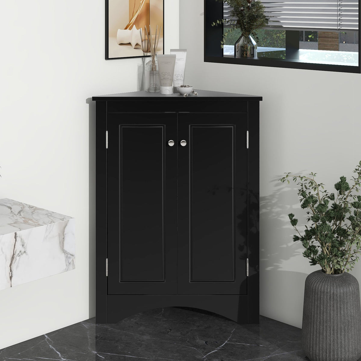 Triangle Bathroom Storage Cabinet with Adjustable Shelves – Freestanding Corner Cabinet - Black