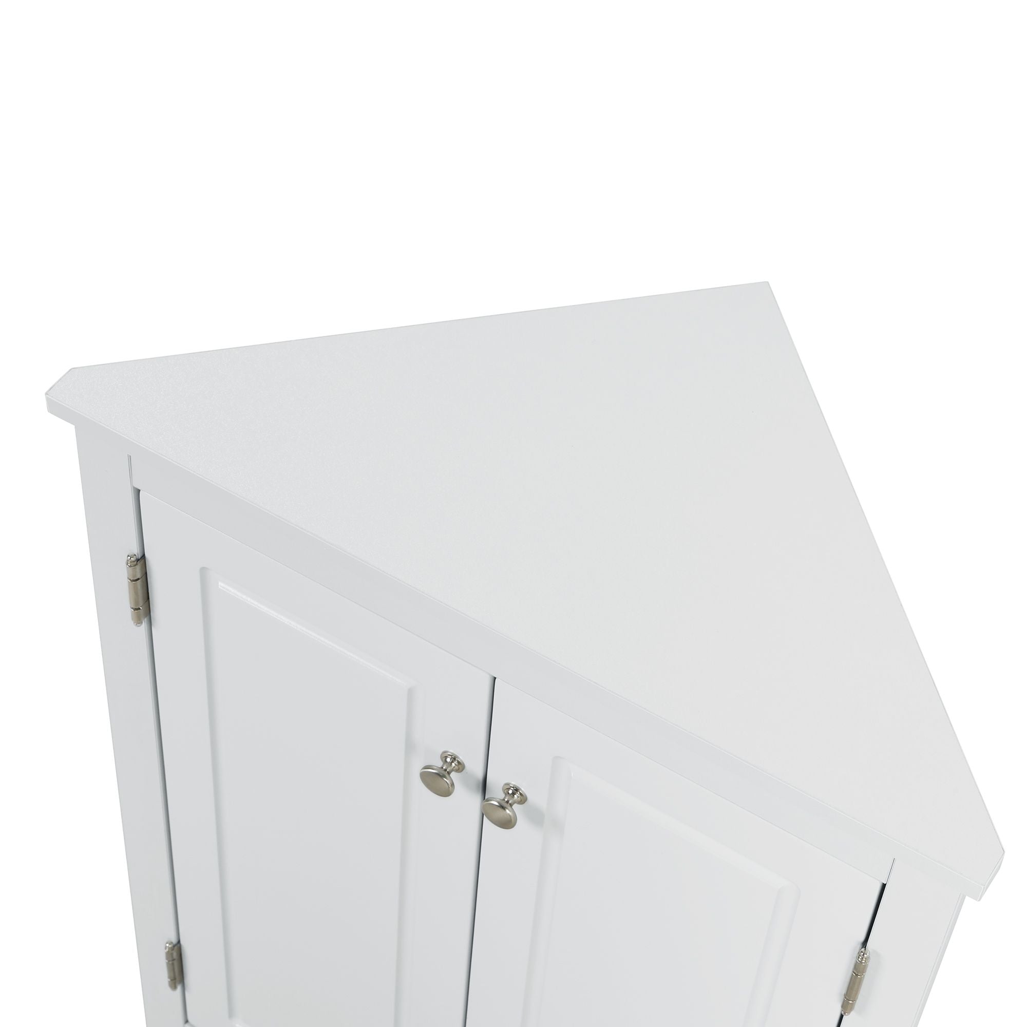 Triangle Corner Bathroom Cabinet with Adjustable Shelves and Brushed Nickel Knobs