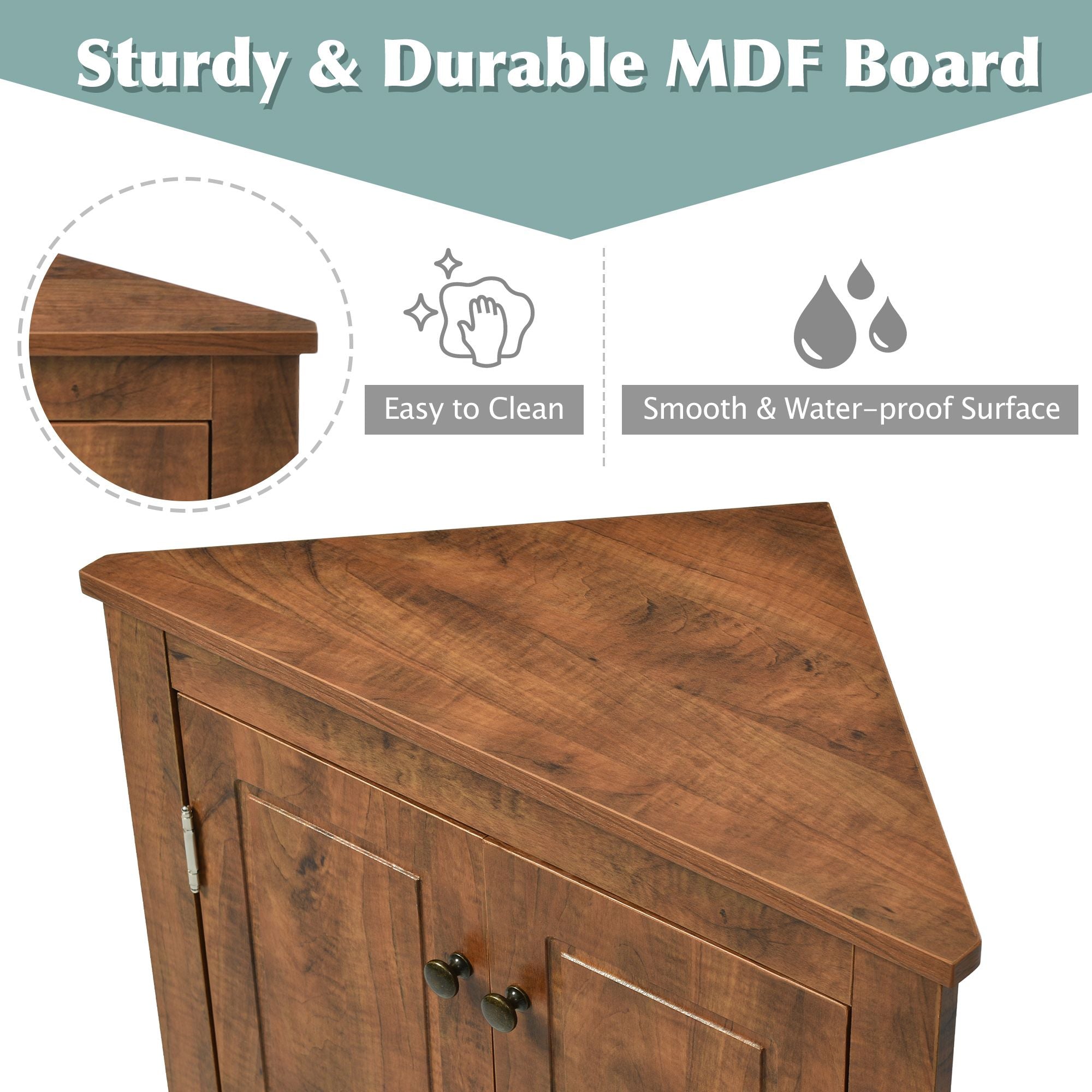Triangle Corner Bathroom Cabinet with Adjustable Shelves and Brushed Nickel Knobs