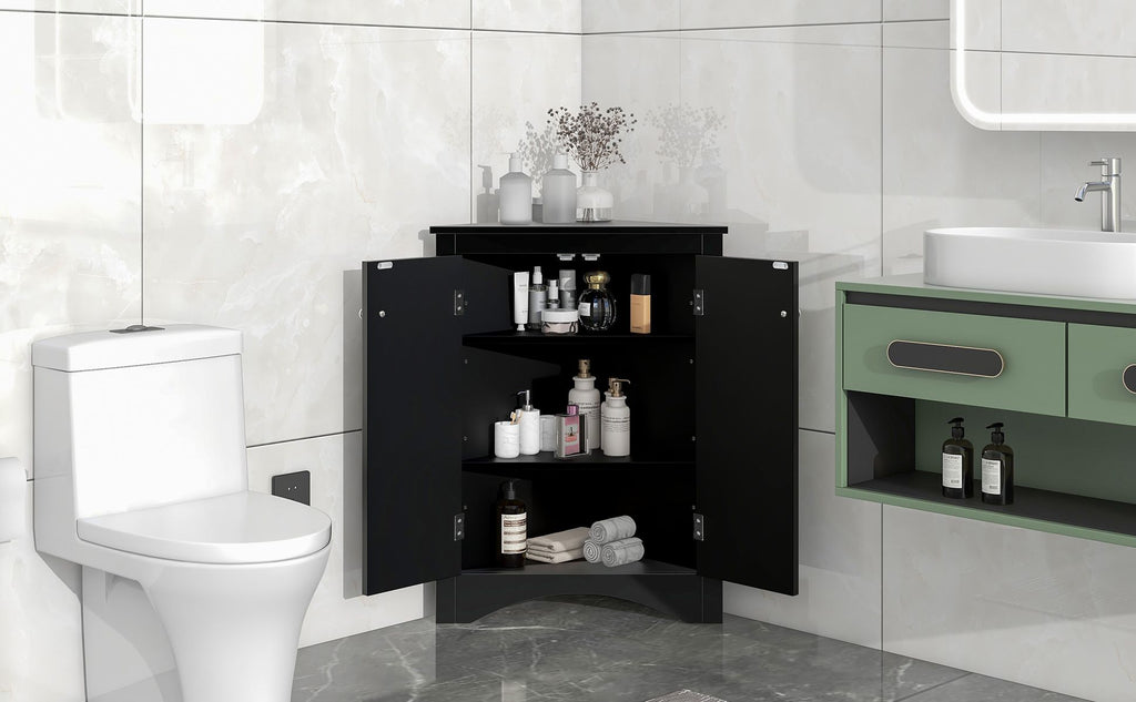 Triangle Corner Bathroom Cabinet with Adjustable Shelves and Brushed Nickel Knobs