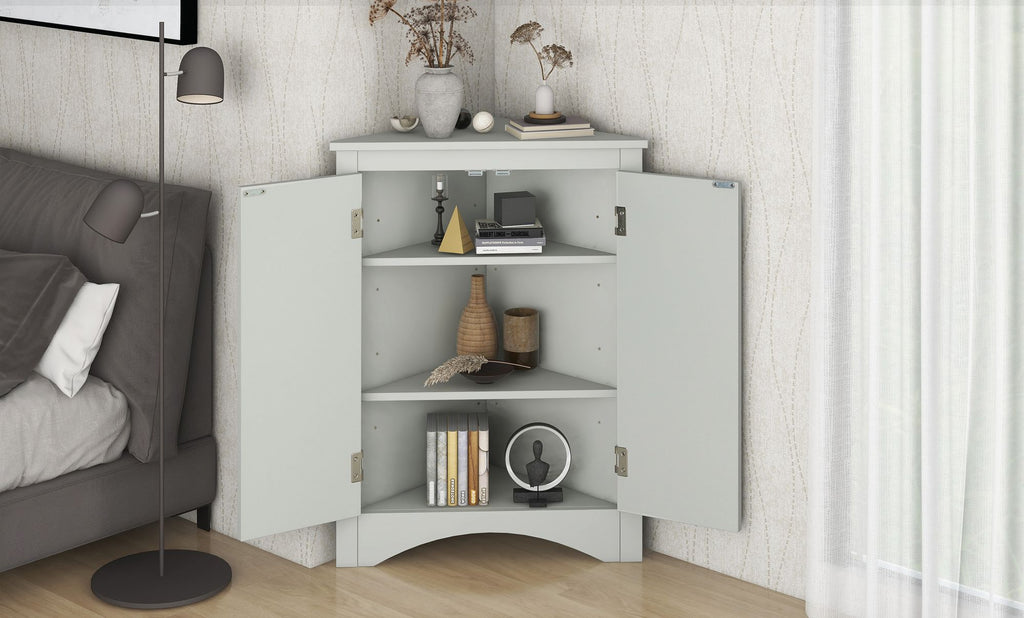 Triangle Corner Bathroom Cabinet with Adjustable Shelves and Brushed Nickel Knobs