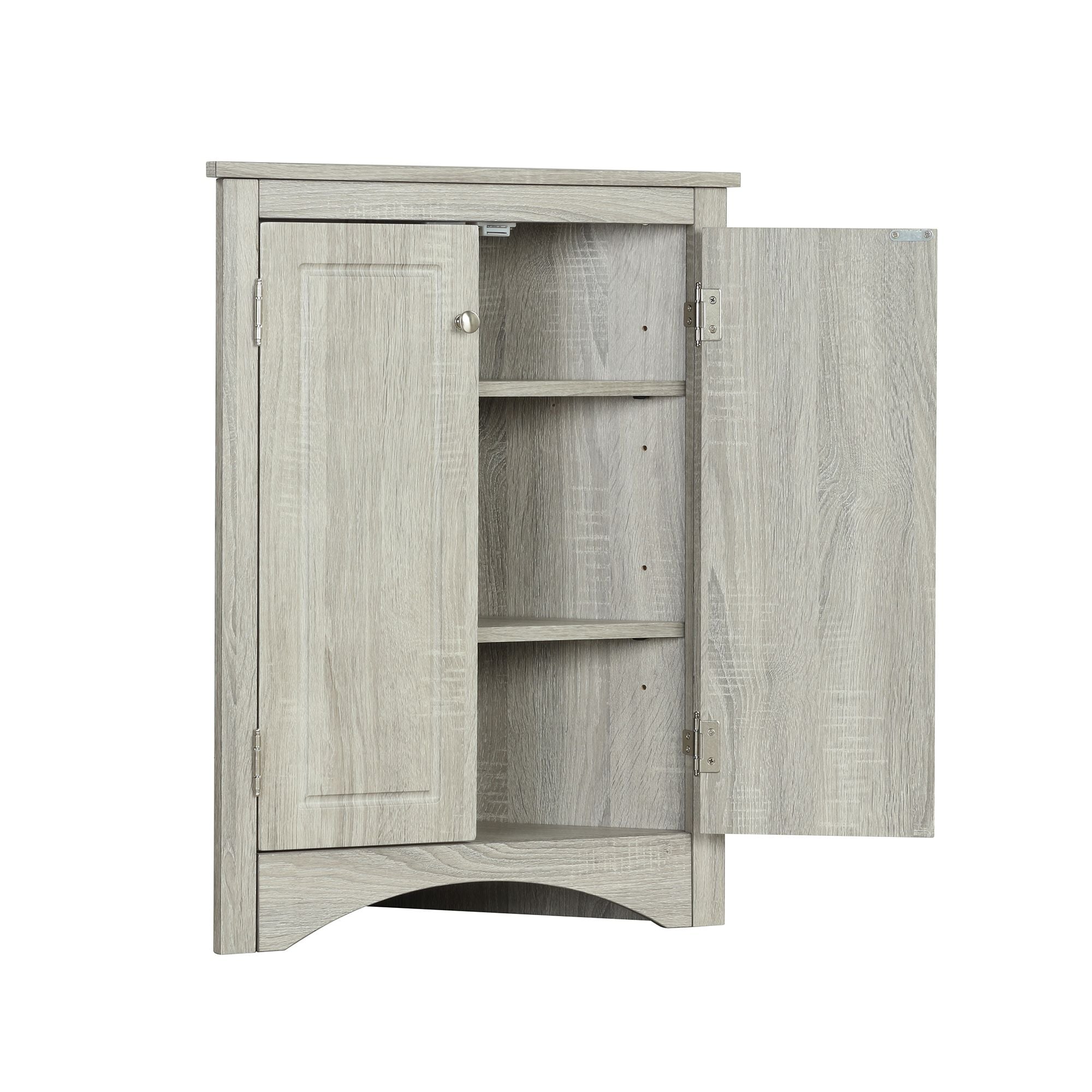 Triangle Corner Bathroom Cabinet with Adjustable Shelves and Brushed Nickel Knobs